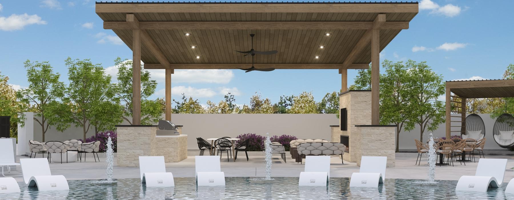 a pool with a covered patio