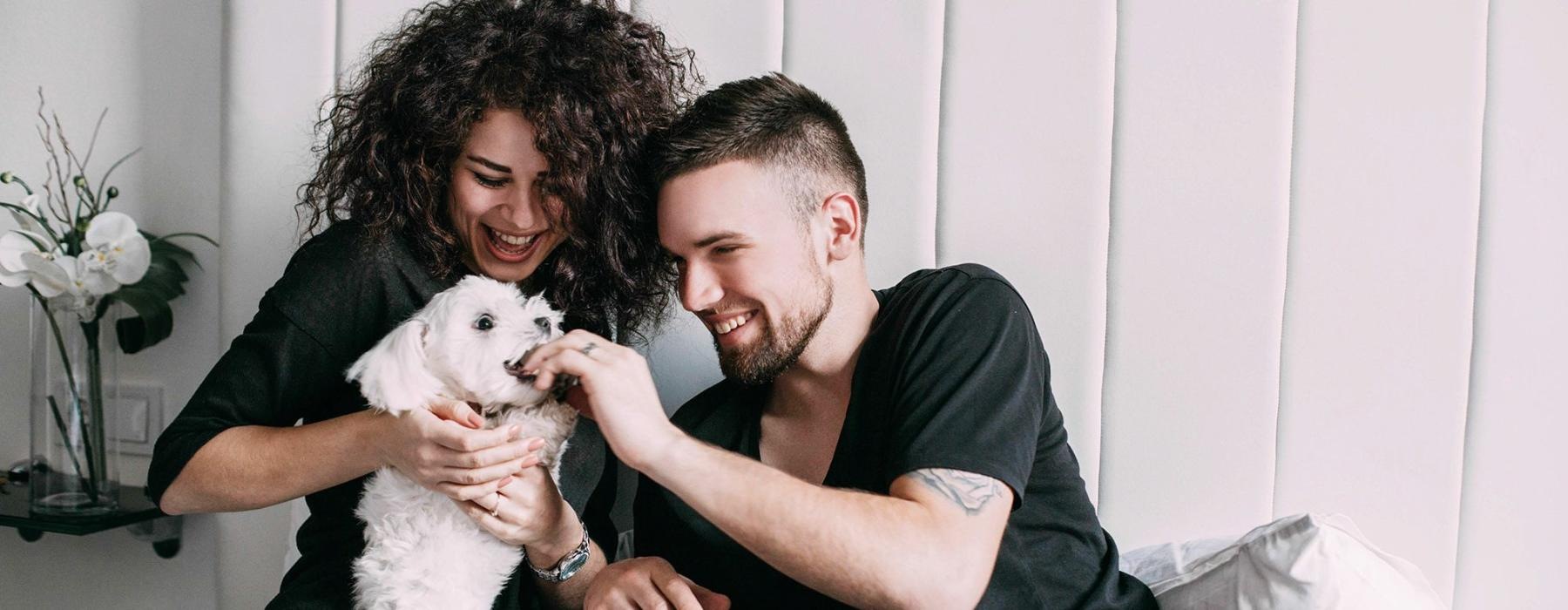 a man and woman sitting on a bed playing with a dog