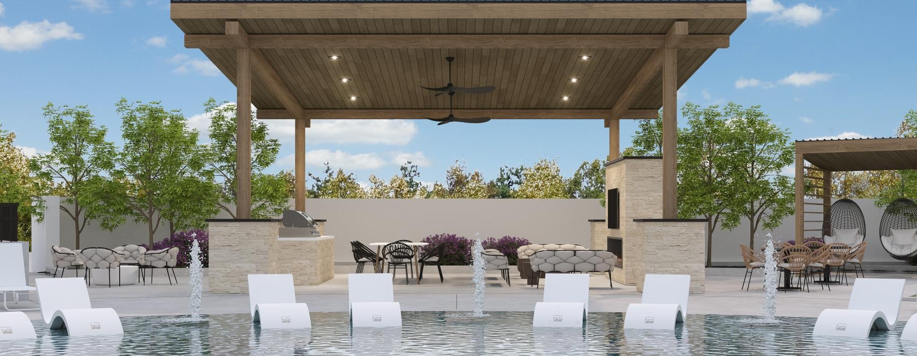 a pool with a covered patio